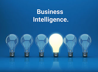 Picture of a blue background with words saying Business Intelligence at the top center in white, with a row of lightbulbs under the words and only one bulb in the center is illuminated