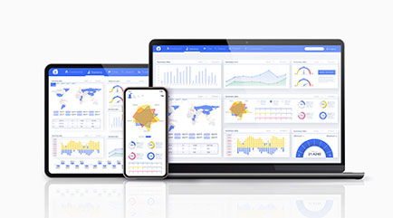 Photo of a smart phone, tablet, and laptop all showing the same graphs and data on their screens