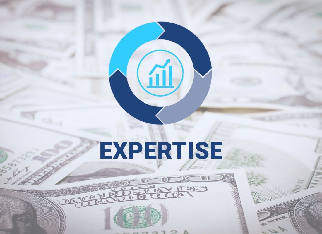 Expertise - logo shown with a circle made of arrows with a graph in the middle showing upward movement and 100 dollar bills faded into the background.