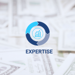 Expertise - logo shown with a circle made of arrows and money faded in the background.