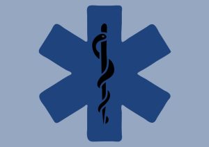 A blue Star of Life symbol, featuring a black Rod of Asclepius with a serpent wrapped around it, centered on a light blue background.