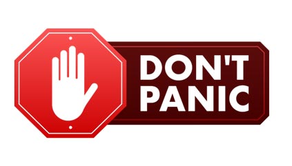 A red octagonal stop sign icon with a white outstretched hand symbol, placed to the left of a dark red rectangular sign that reads "DON'T PANIC" in white, bold uppercase letters. Both signs have a subtle shadow effect.